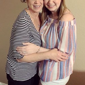 IZ BYER 13 California off the shoulder vertical striped gender reveal top